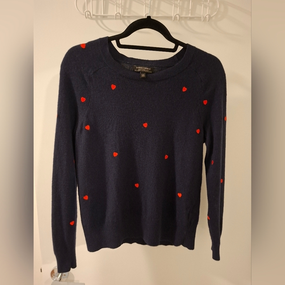 Banana Republic Navy Sweater with Red Heart Embroidery